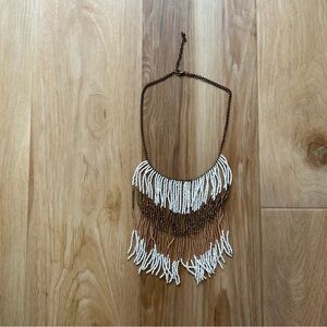 Bohemian White and Brown Fringe Beaded Necklace